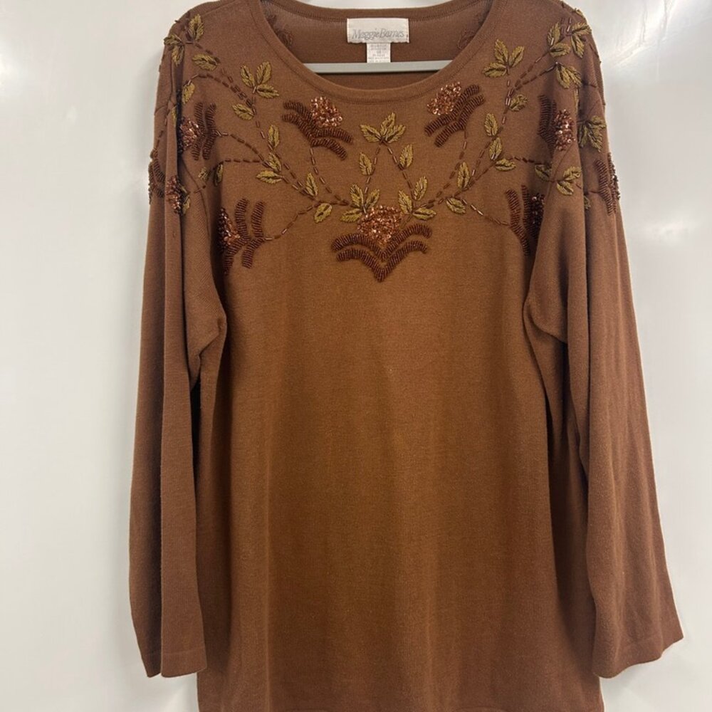 Maggie Barnes Brown Embellished Knit‎ Top Plus Size 18/20 Floral Grandma Blouse